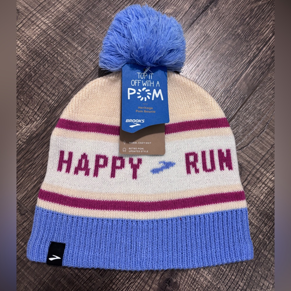 Brooks Cream and Blue Heritage Pom Beanie